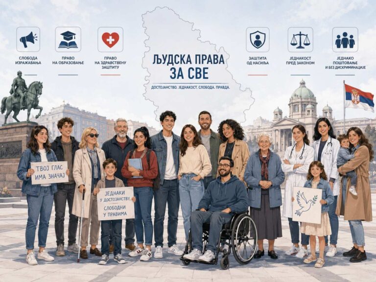 Grupa građana ispred simbola Srbije sa ikonama koje prikazuju osnovna ljudska prava i jednakost.