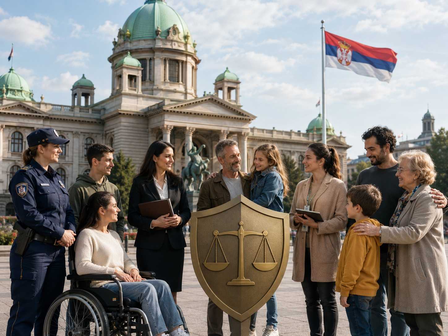 Grupa građana ispred državne zgrade u Srbiji sa štitom i vagom pravde kao simbolom zaštite ljudskih prava.