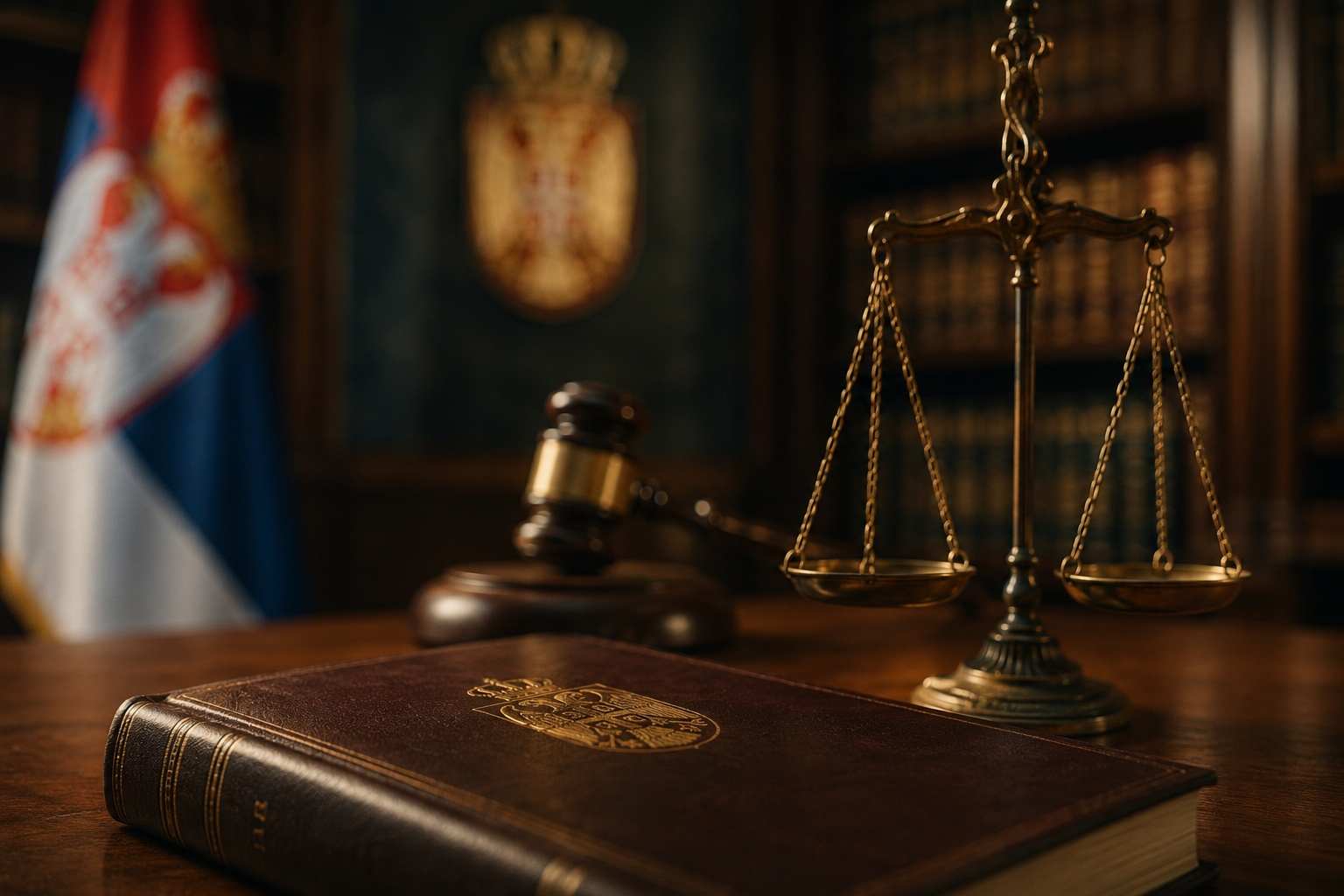 Pravna knjiga, vaga pravde i sudijski čekić uz zastavu Srbije u pozadini.