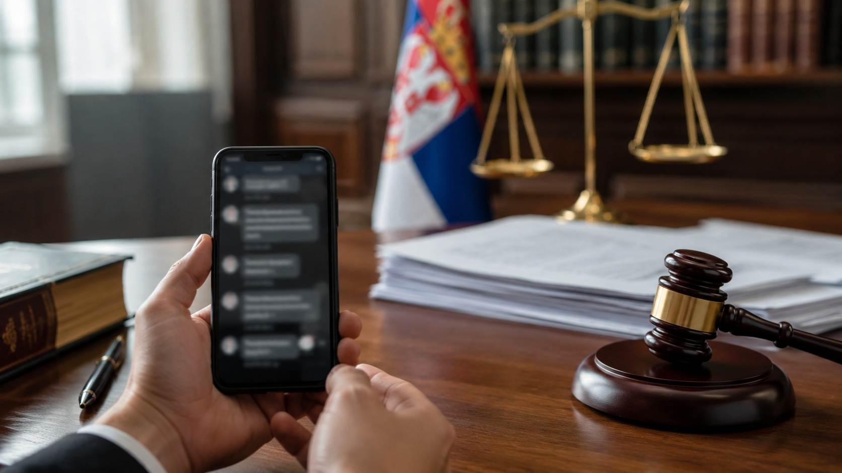 Ruka drži telefon sa zamućenim porukama pored sudijskog čekića, dokumenata, vage pravde i zastave Srbije.