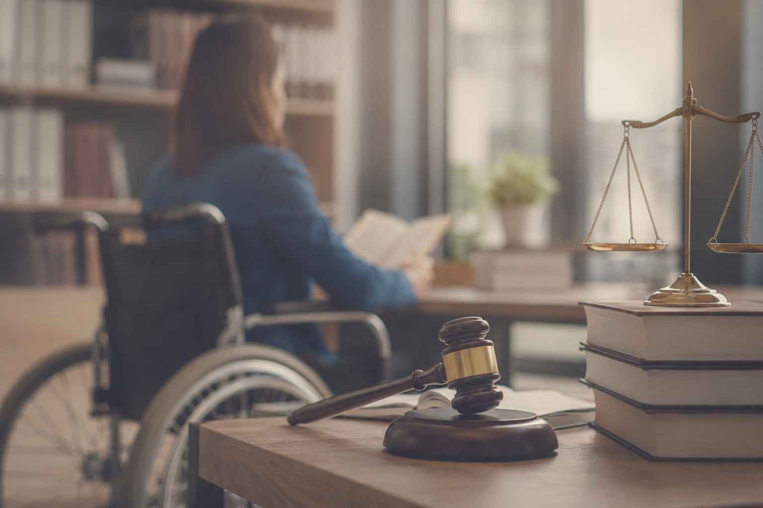 Osoba u invalidskim kolicima pored pravnih knjiga, sudijskog čekića i vage pravde.