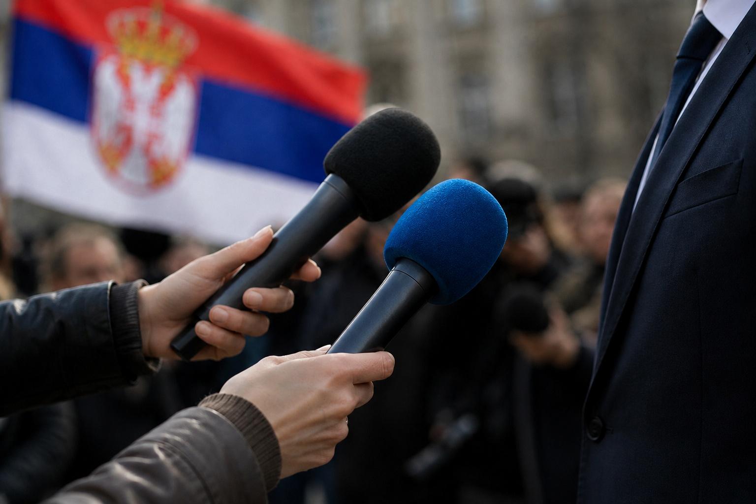 Mikrofoni ispred osobe u odelu, sa zamućenom zastavom Srbije u pozadini.
