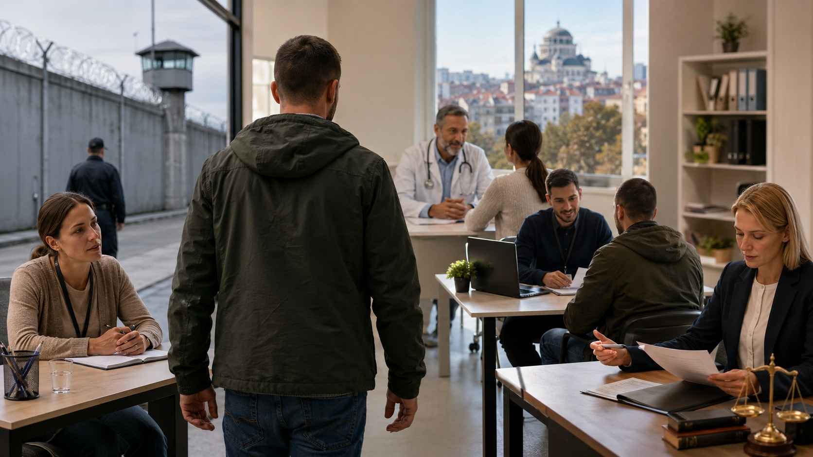 Bivši zatvorenik ulazi u prostor za podršku sa socijalnim, zdravstvenim i pravnim službama.